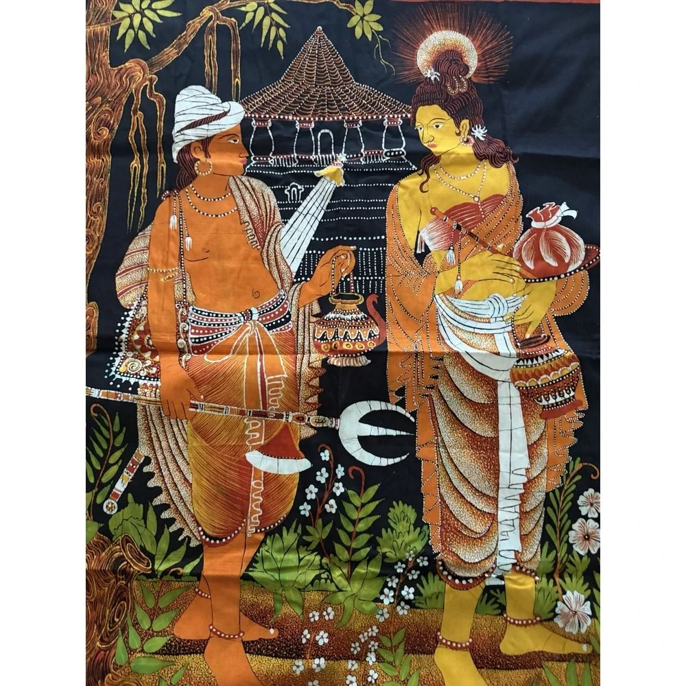 Hindu religious art vintage tapestry of 2 women, orange red, 41x35